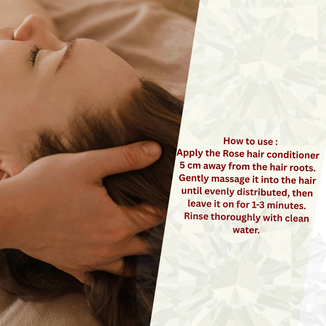 Cara menggunakan: Sapukan perapi rambut mawar 5 cm dari akar rambut. Urut perlahan-lahan ke dalam rambut sehingga merata, kemudian biarkan selama 1-3 minit. Bilas dengan air bersih.